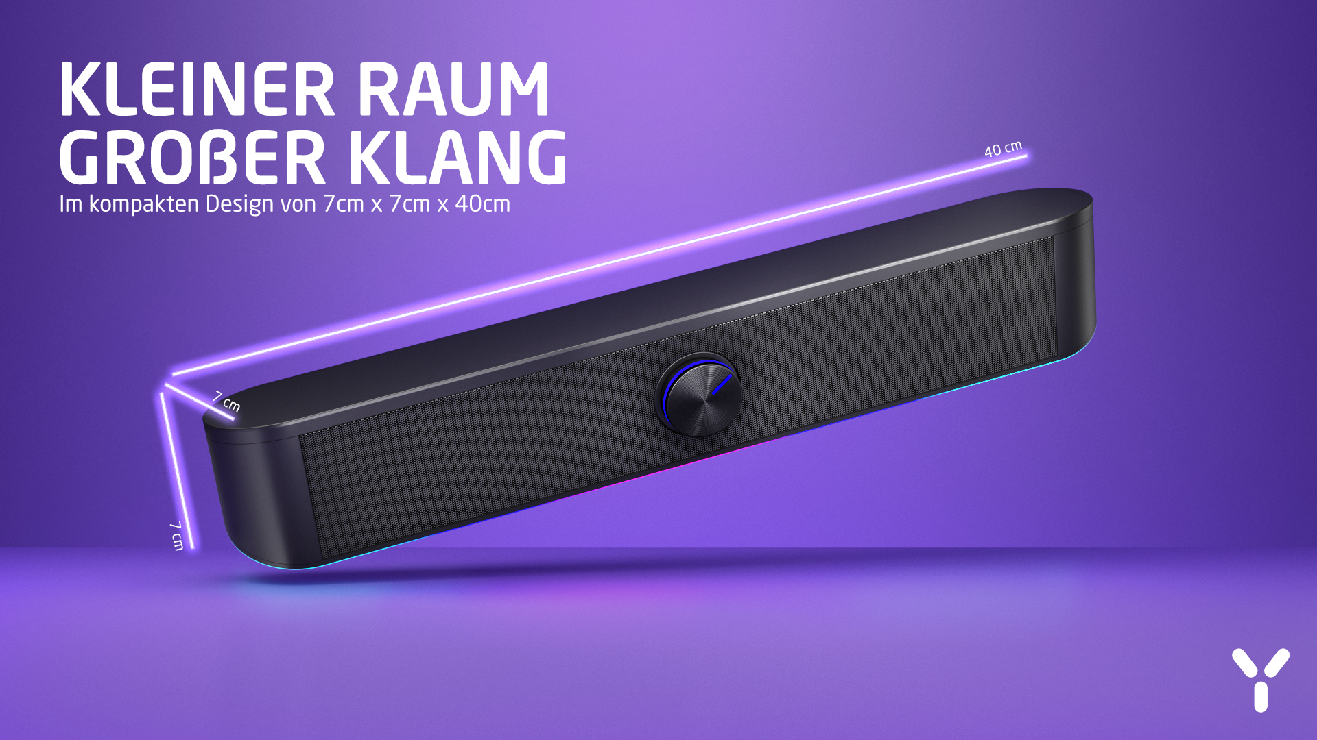 Czarny soundbar, pokazane wymiary, z fioletowym tłem i opisem tekstowym.