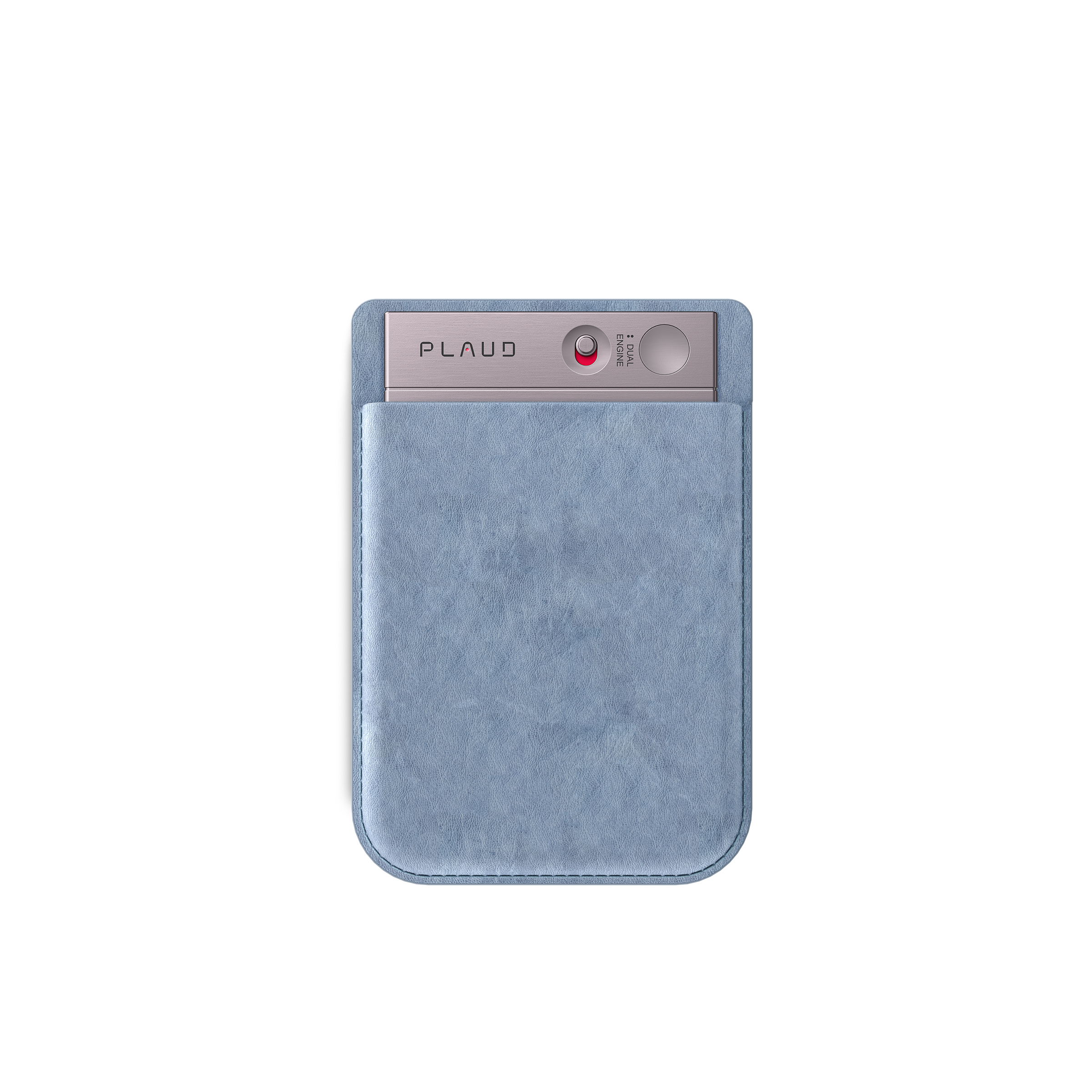 Eine hellblaue Telefontasche mit einem silbernen Gerät darin.