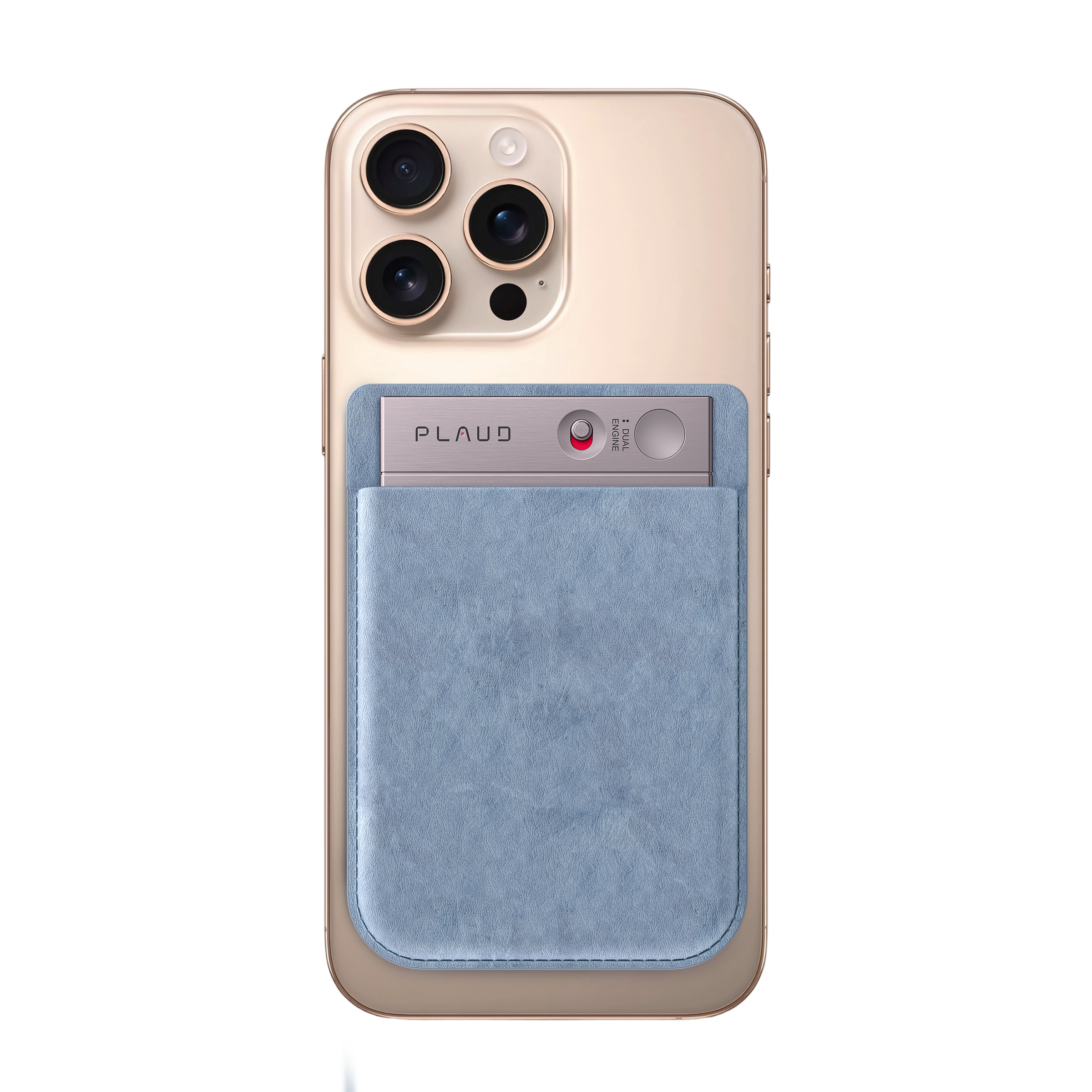 Ein goldenes Telefon mit einer hellblauen Tasche, die ein Gerät enthält.
