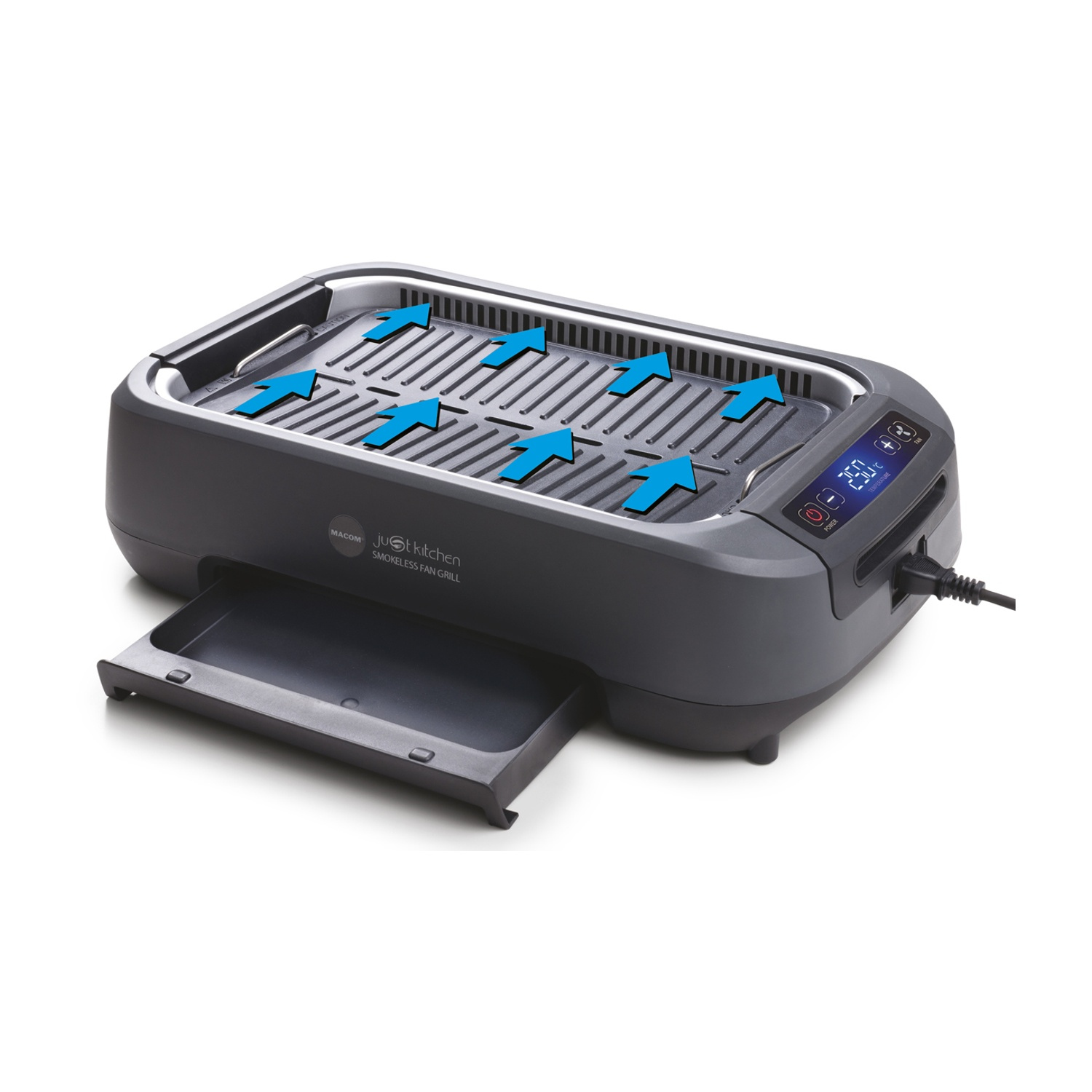 Griglia con cassetto aperto e frecce che mostrano il flusso d'aria. La griglia è nera con un display digitale.
