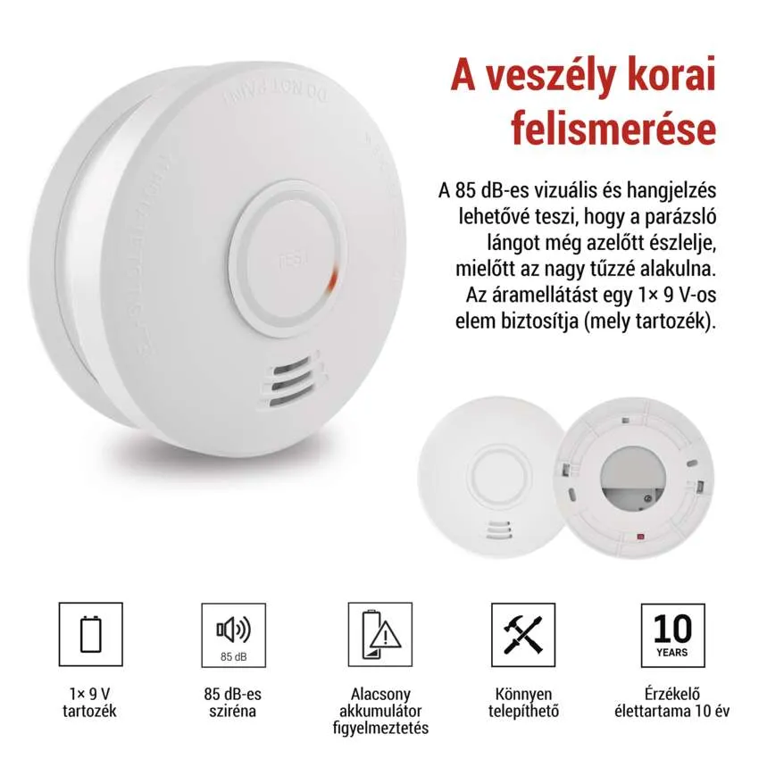 Fehér füstérzékelő, szöveges átfedés, elemet és egyéb ikonokat mutat, fehér háttérrel.