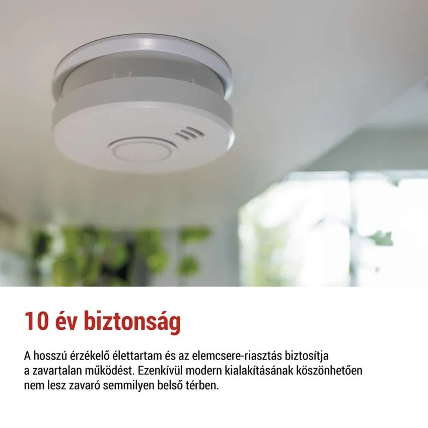 Füstérzékelő a mennyezeten, szöveges átfedés, fehér háttér.