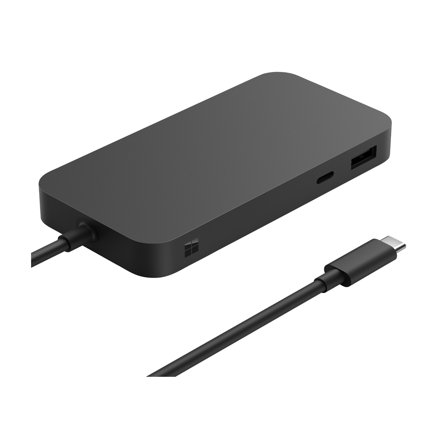 Hub nero con porte e un cavo, prospettiva angolata. Sfondo bianco.