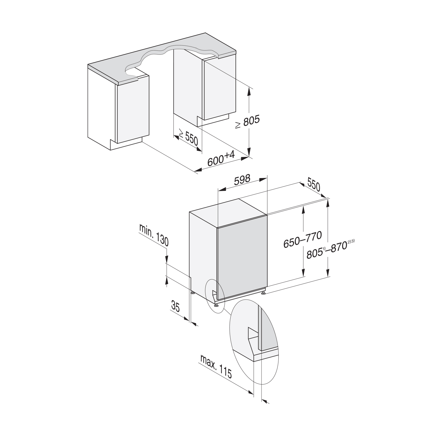 Diagramma di una configurazione di mobili da cucina con misure e dimensioni.
