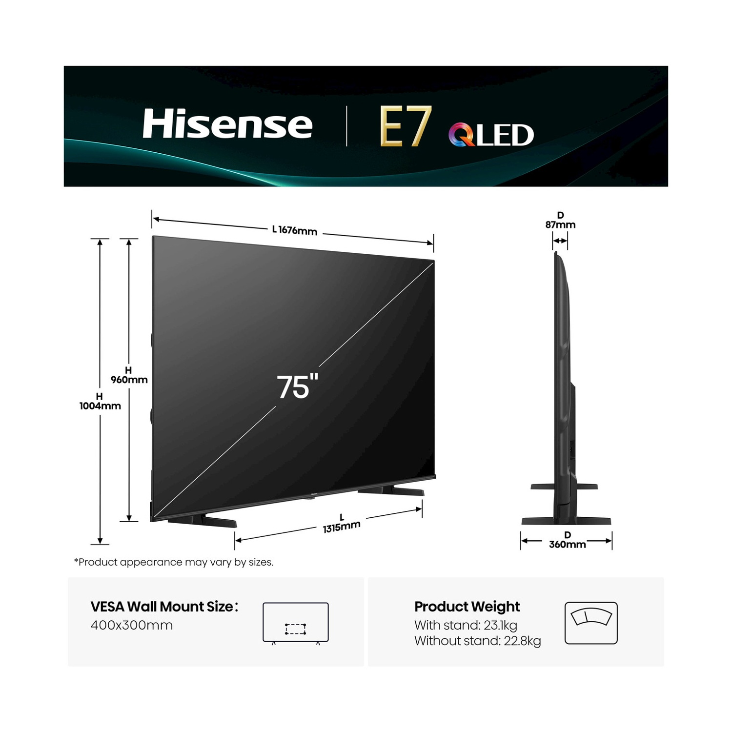 Diagramma di un televisore da 75 pollici con dimensioni e specifiche. Sfondo bianco.