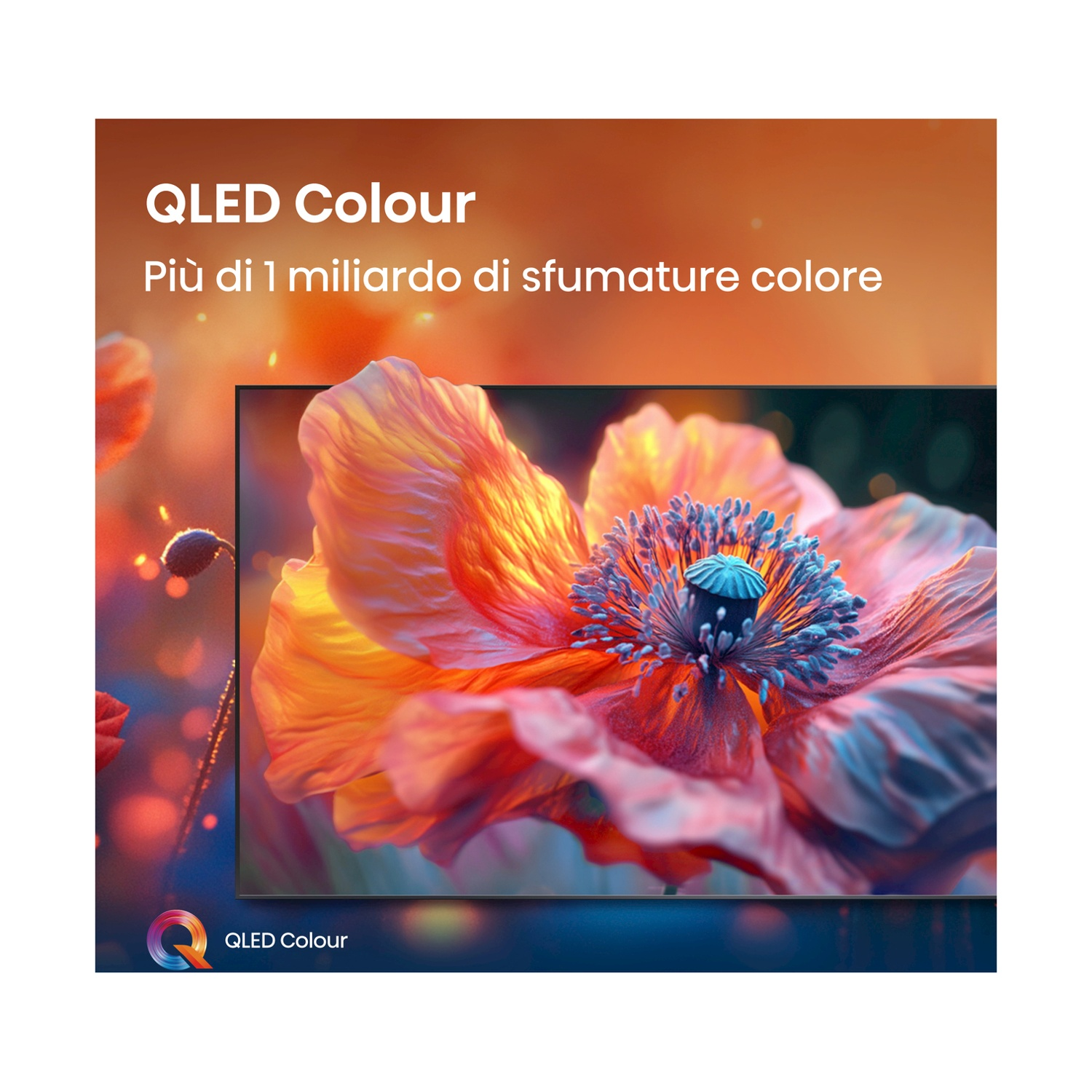 Schermo TV QLED che mostra fiori colorati con testo, presentazione artistica.