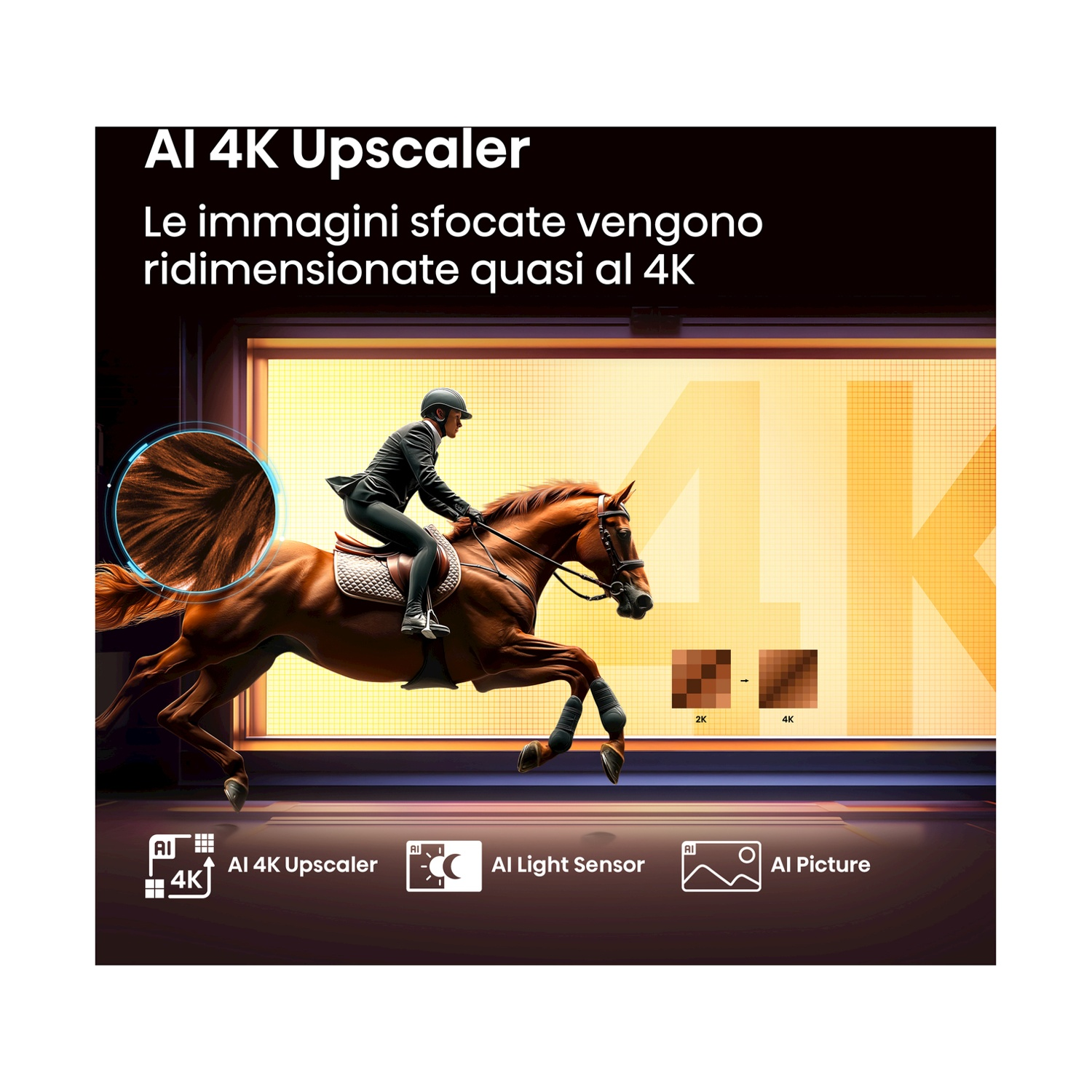 Schermo TV mostra cavallo e cavaliere con funzioni di upscaling AI. Sovrapposizione di testo.
