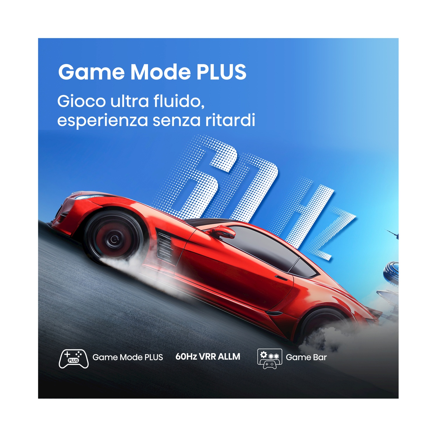 Auto rossa in movimento su sfondo blu con testo sulla modalità gioco.