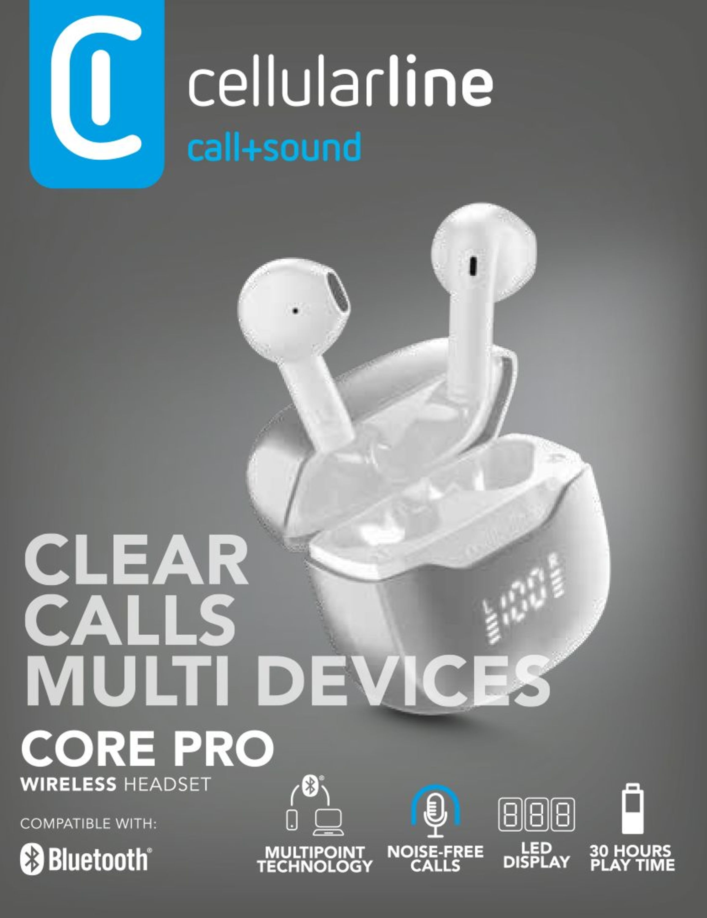 Gümüş şarj kutusundan çıkan beyaz kulaklıklar; metinde 'Clear Calls, Multi Devices, Core Pro' yazıyor.