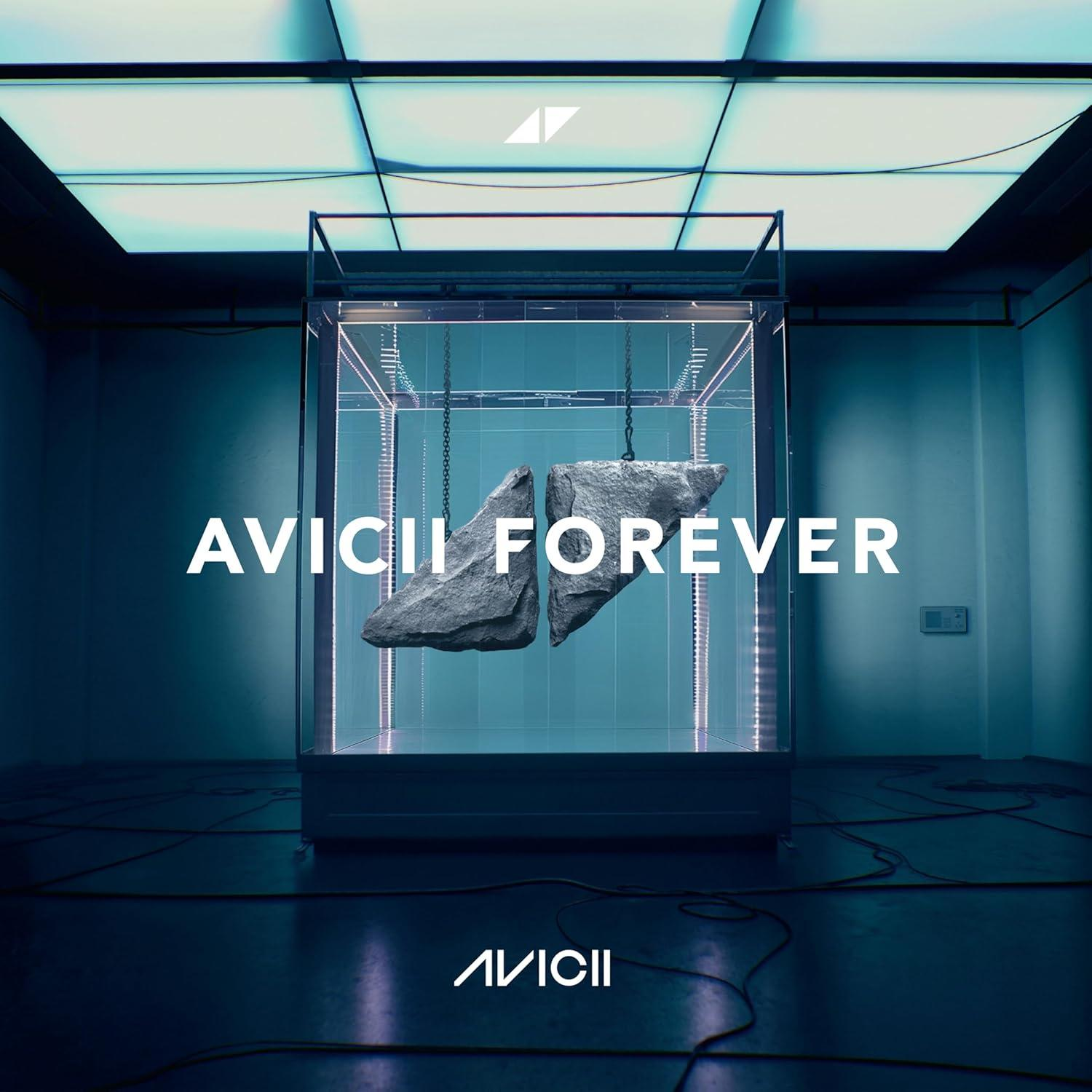 AVICII FOREVER album borító. Két nagy szikla üvegbemutatóban felfüggesztve.