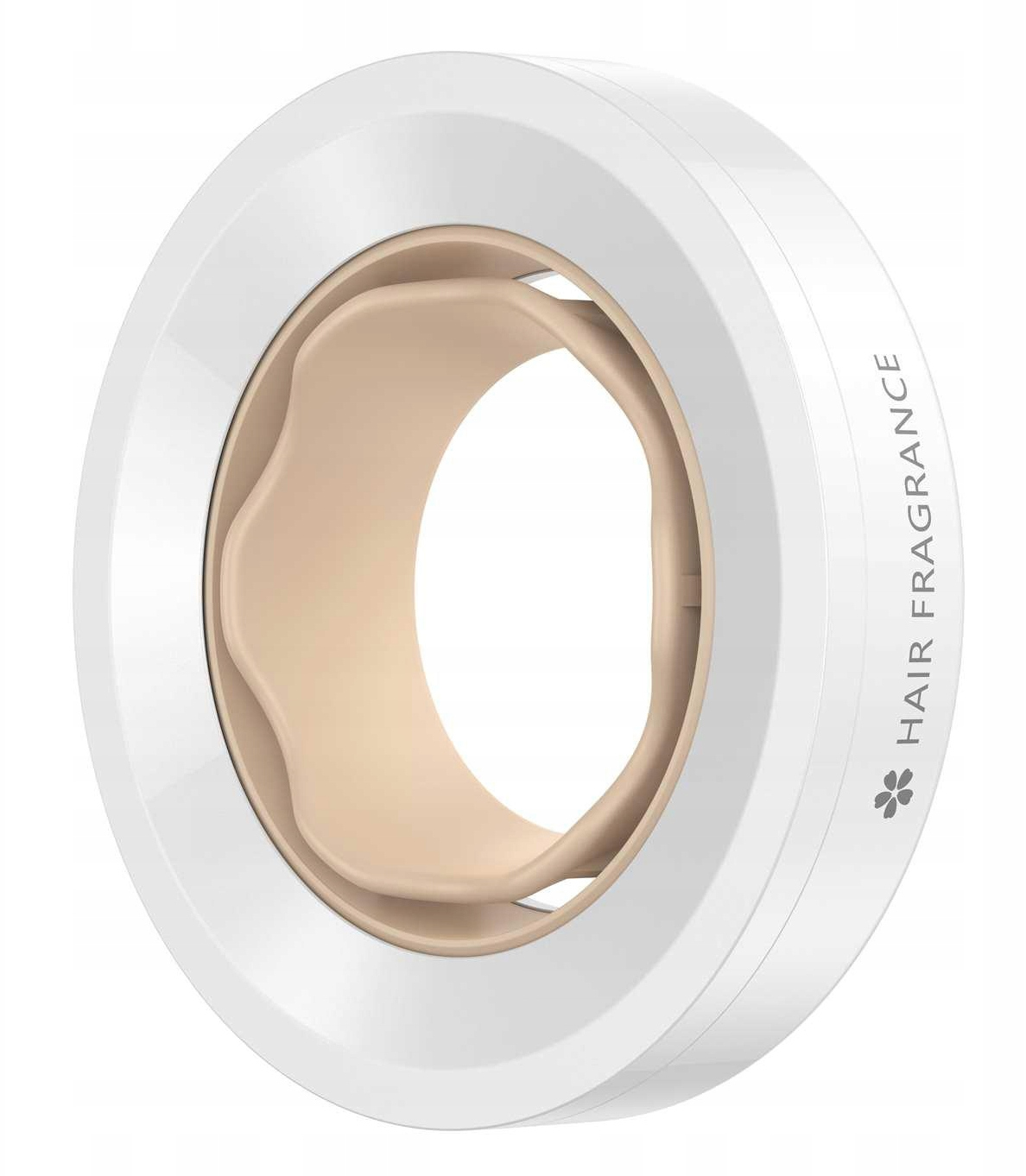 Białe, okrągłe mocowanie zapachu do włosów, z beżowym wnętrzem, na białym tle.