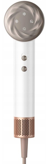 Biała i różowo-złota suszarka do włosów z przyciskami i głowicą w kształcie wachlarza, na białym tle.