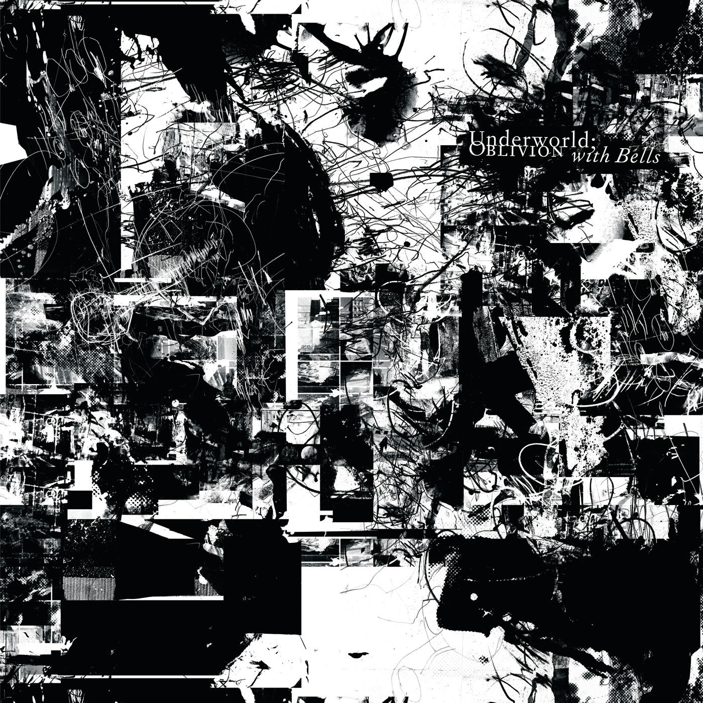 Abstract black and white artwork. Text on the top left corner.
