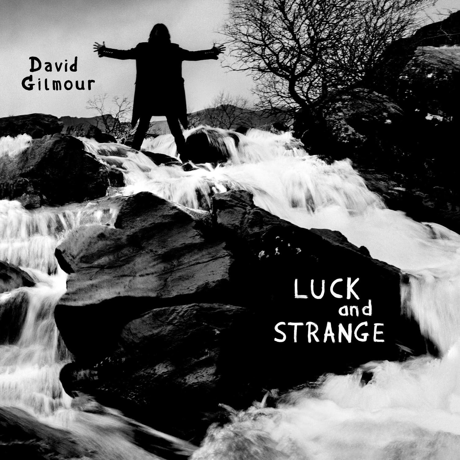 Image en noir et blanc d'un homme les bras ouverts au-dessus d'une cascade.