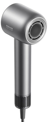 Srebrna suszarka do włosów skierowana w prawo. Ma cylindryczną głowicę i długi uchwyt.