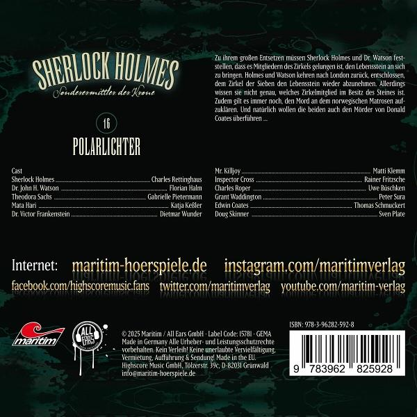 Rückseite des 'Sherlock Holmes'-Albums. Text, Besetzungsliste und Logos.