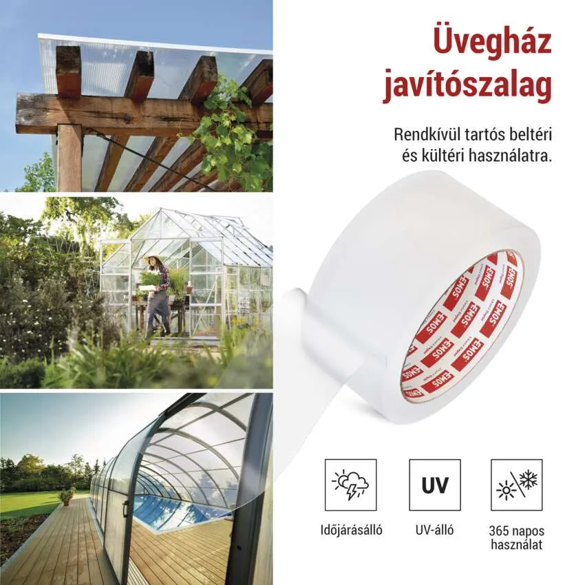 Ragasztószalag tekercs és képek egy üvegházról, medencéről és fa szerkezetről. Magyar nyelvű szöveg.