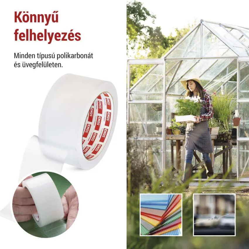 Tekercs szalag egy üvegház és egy nő mellett.