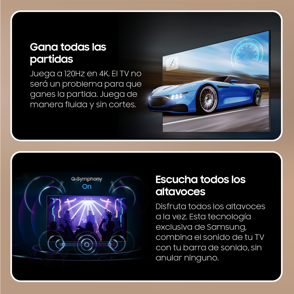 Una pantalla de TV que muestra una escena de carreras de coches, con un coche azul, y una barra de sonido.