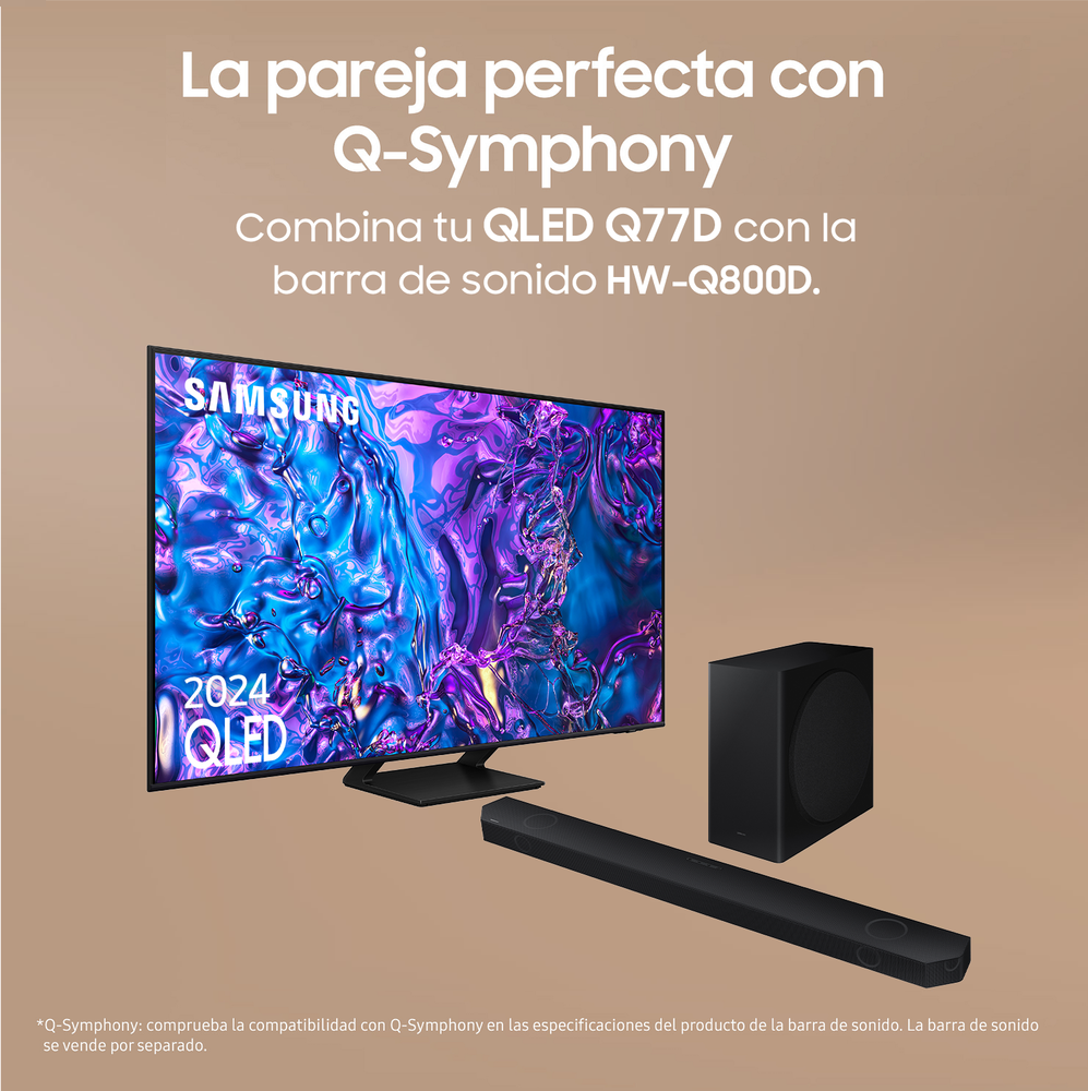 Un televisor QLED, una barra de sonido y un subwoofer, todo en negro.