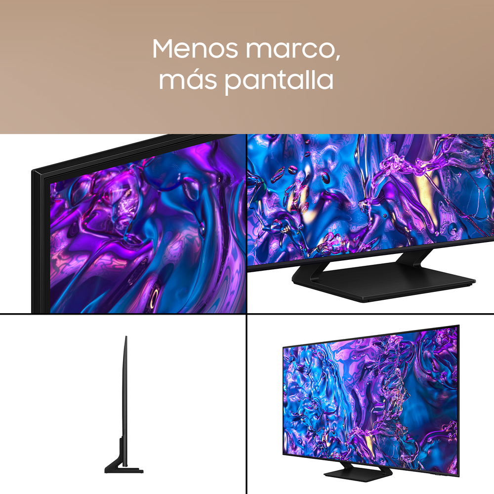 Múltiples vistas de un televisor negro con bisel mínimo. La pantalla muestra un patrón púrpura y azul.