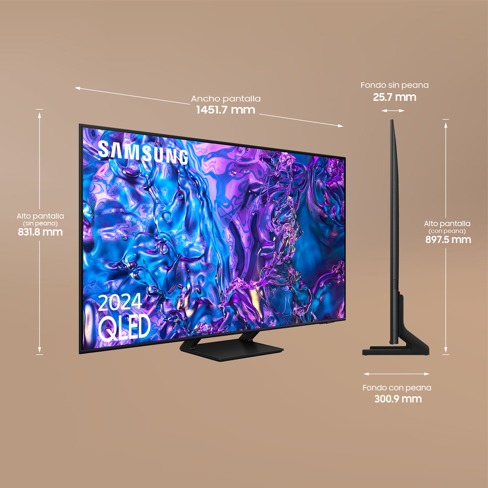 Un televisor Samsung QLED. Muestra dimensiones. La pantalla muestra un diseño abstracto colorido.