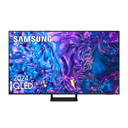 Televisor Samsung 2024 QLED. Muestra arte abstracto con colores azul, morado y blanco. Soporte y marco negro, con el logo Samsung.