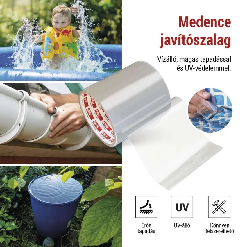Képek a medencében lévő gyerekről, csőjavításról és vízről egy kék kádban.