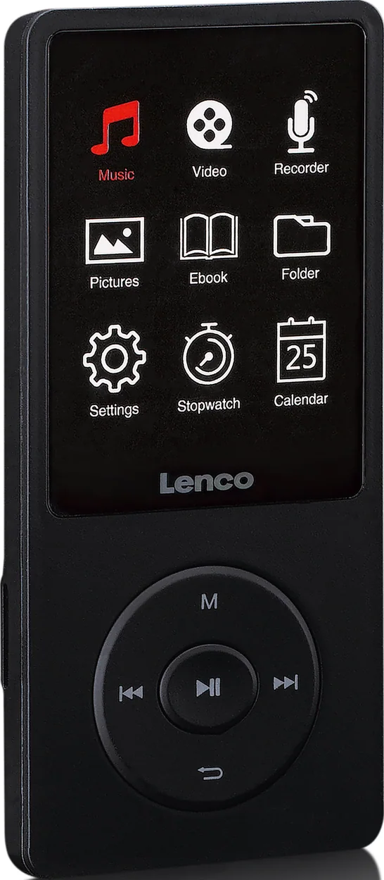 Lettore MP3 Lenco nero. Icone musica, video, registratore, immagini, ebook, cartella, impostazioni, cronometro, calendario sullo schermo.