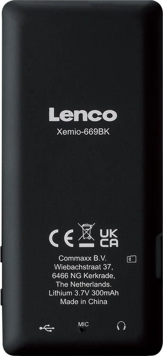 Retro del lettore MP3 Lenco Xemio-669BK nero. Indirizzo Commaxx B.V., litio 3,7 V 300 mAh, Made in China e altri simboli.