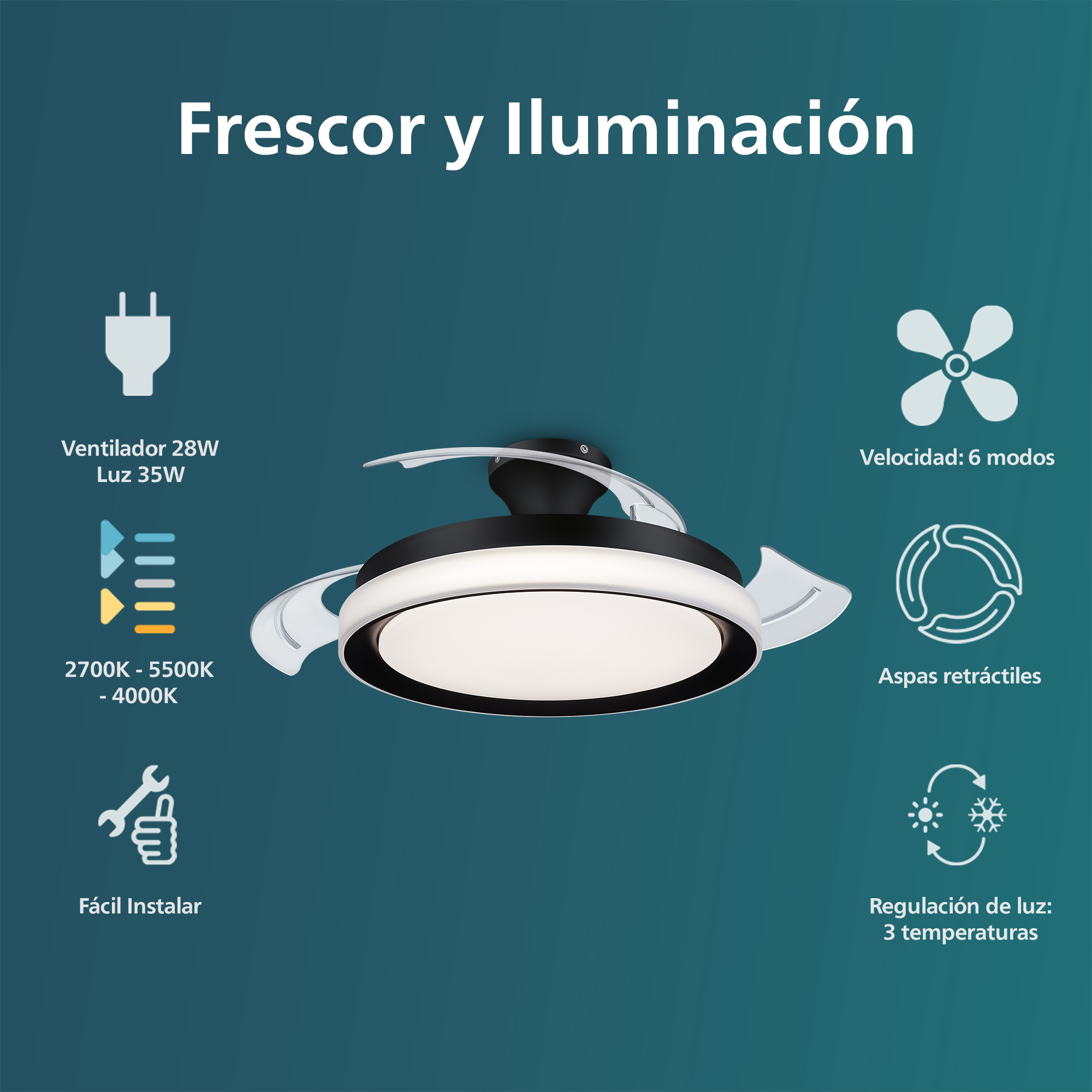 Un ventilador de techo con luz y gráficos informativos en la parte superior.
