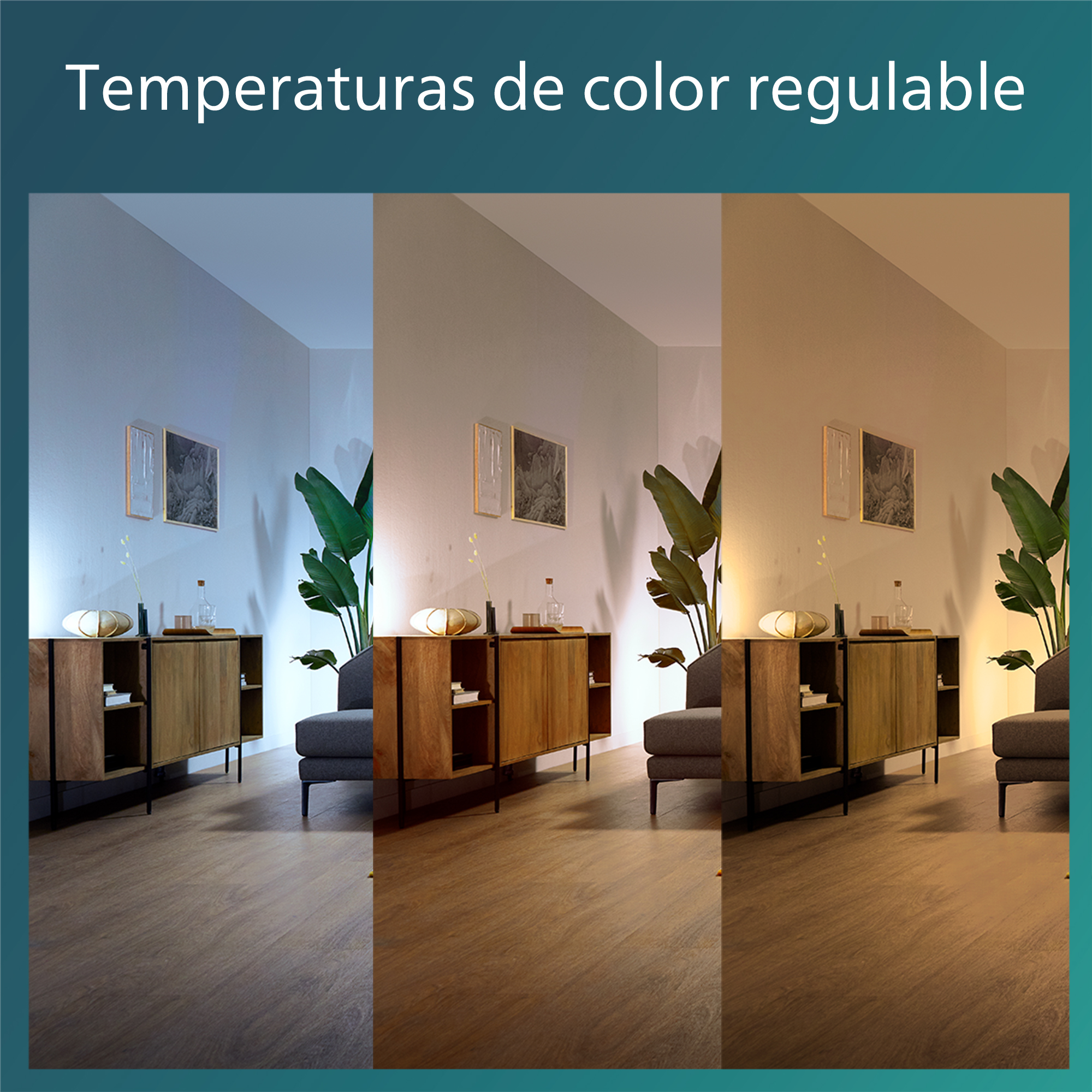 Tres imágenes que muestran habitaciones con temperaturas de color ajustables.