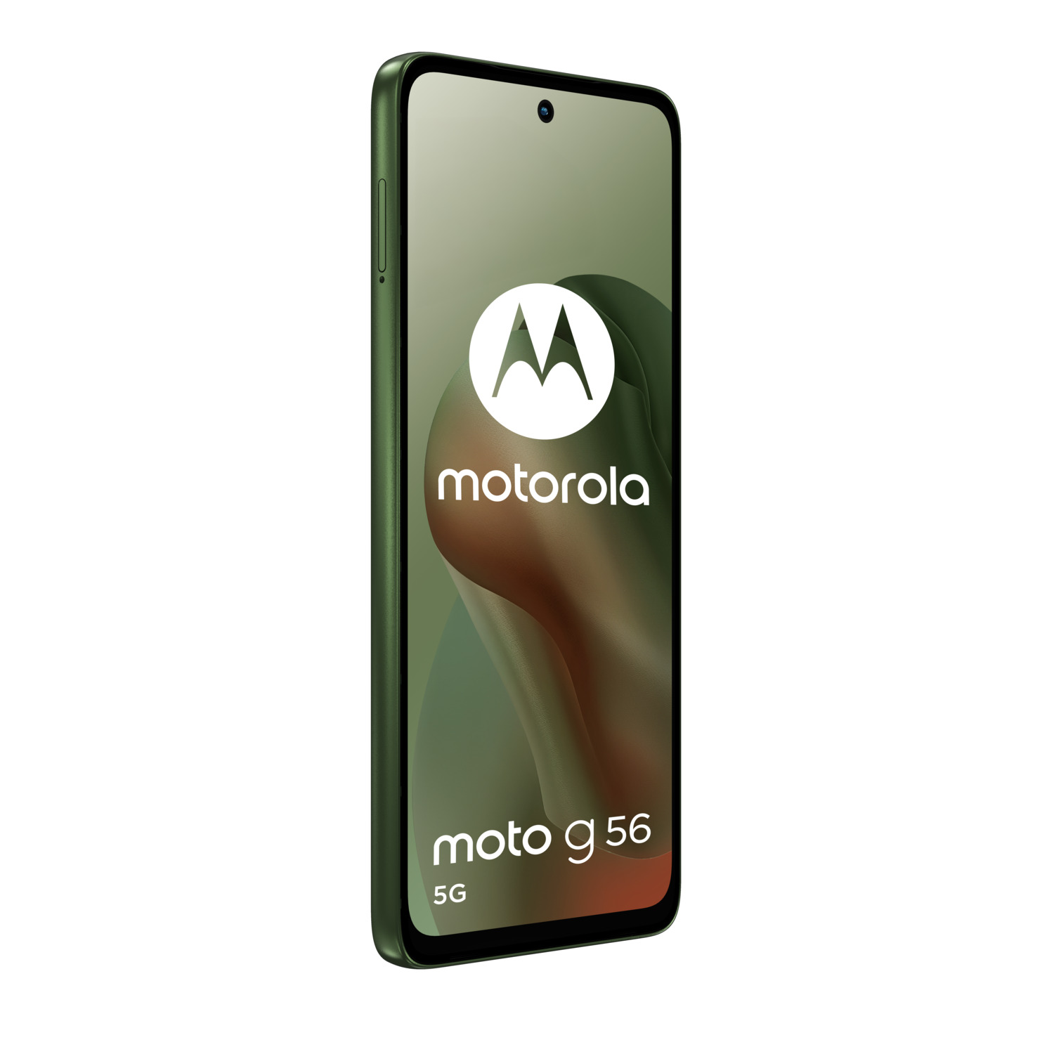 Groene Motorola moto g56 5G telefoon. Telefoon toont witte Motorola logo en moto g56 5G op het scherm.