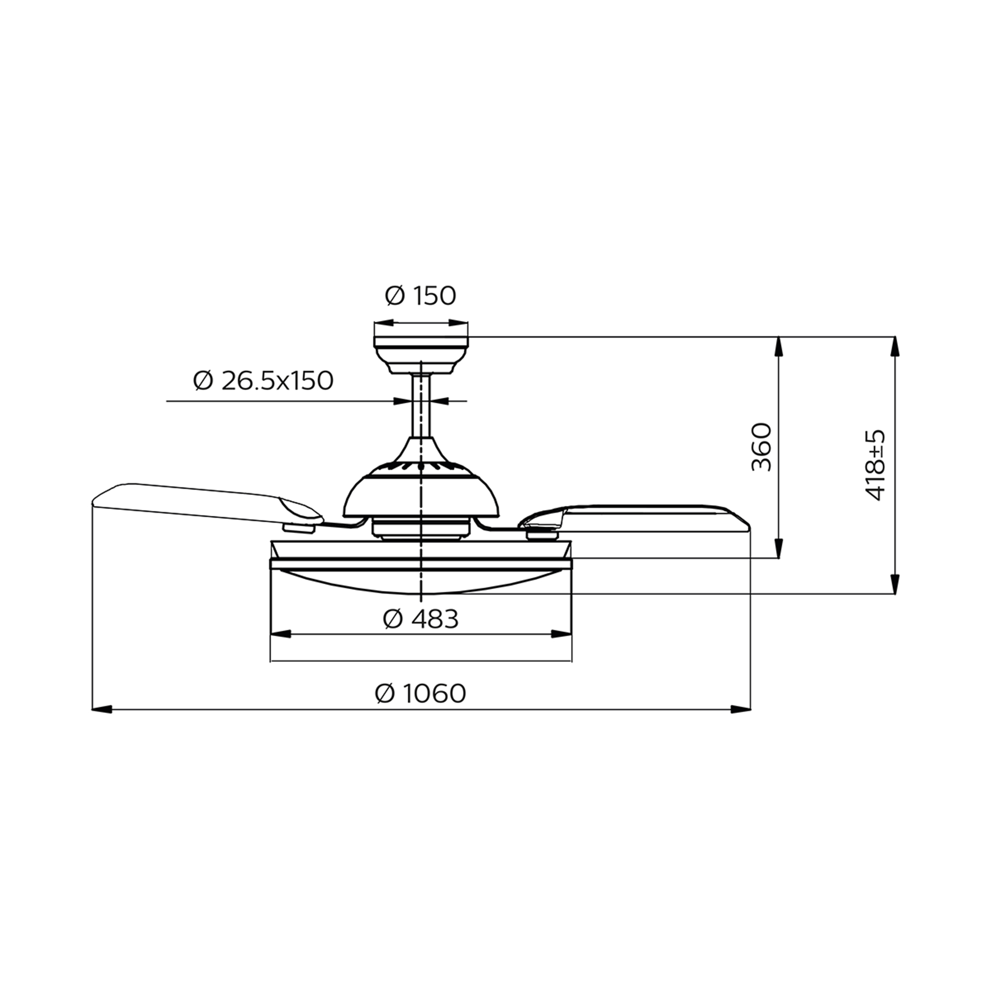 Diagrama de un ventilador de techo. Incluye dimensiones y medidas del ventilador y sus componentes.