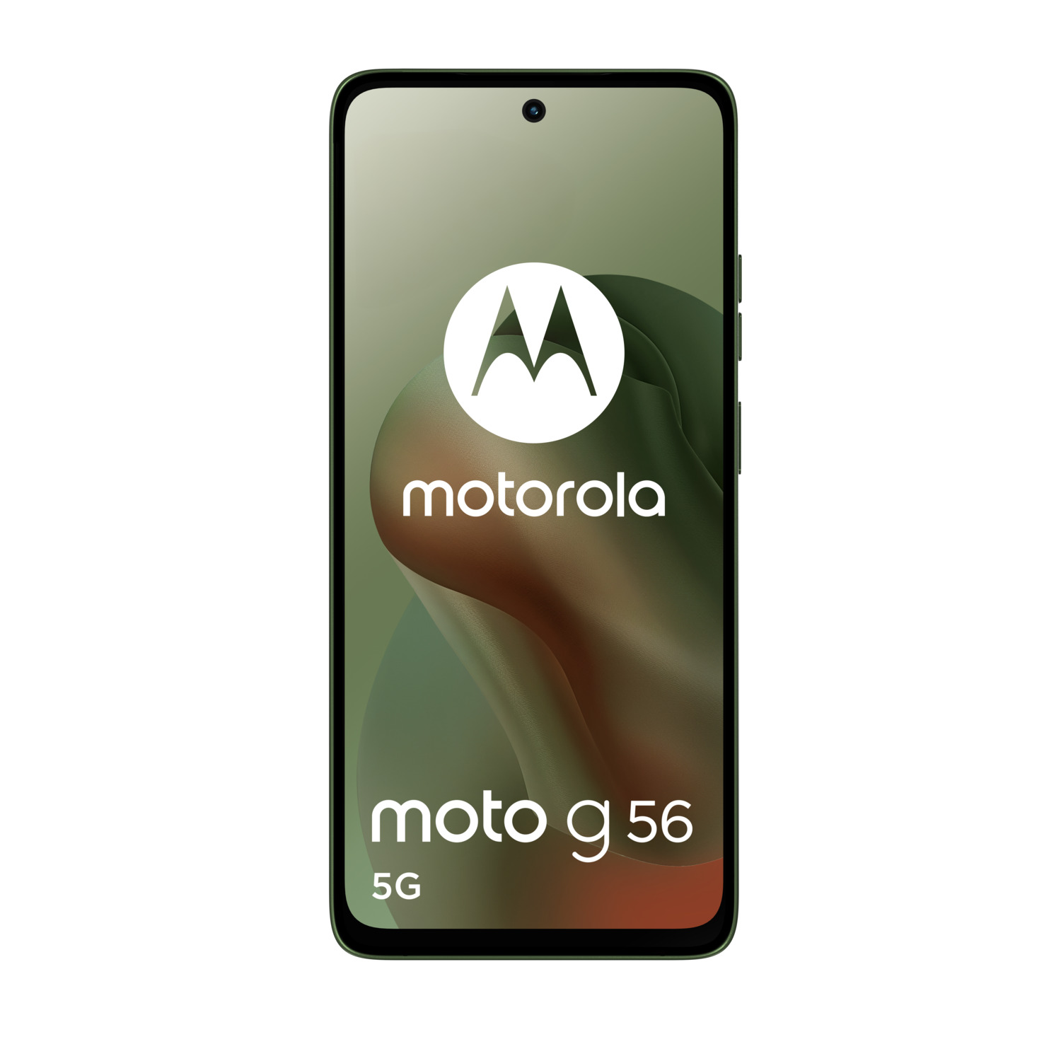 Groene Motorola moto g56 5G telefoon. Telefoon toont witte Motorola logo en moto g56 5G op het scherm.