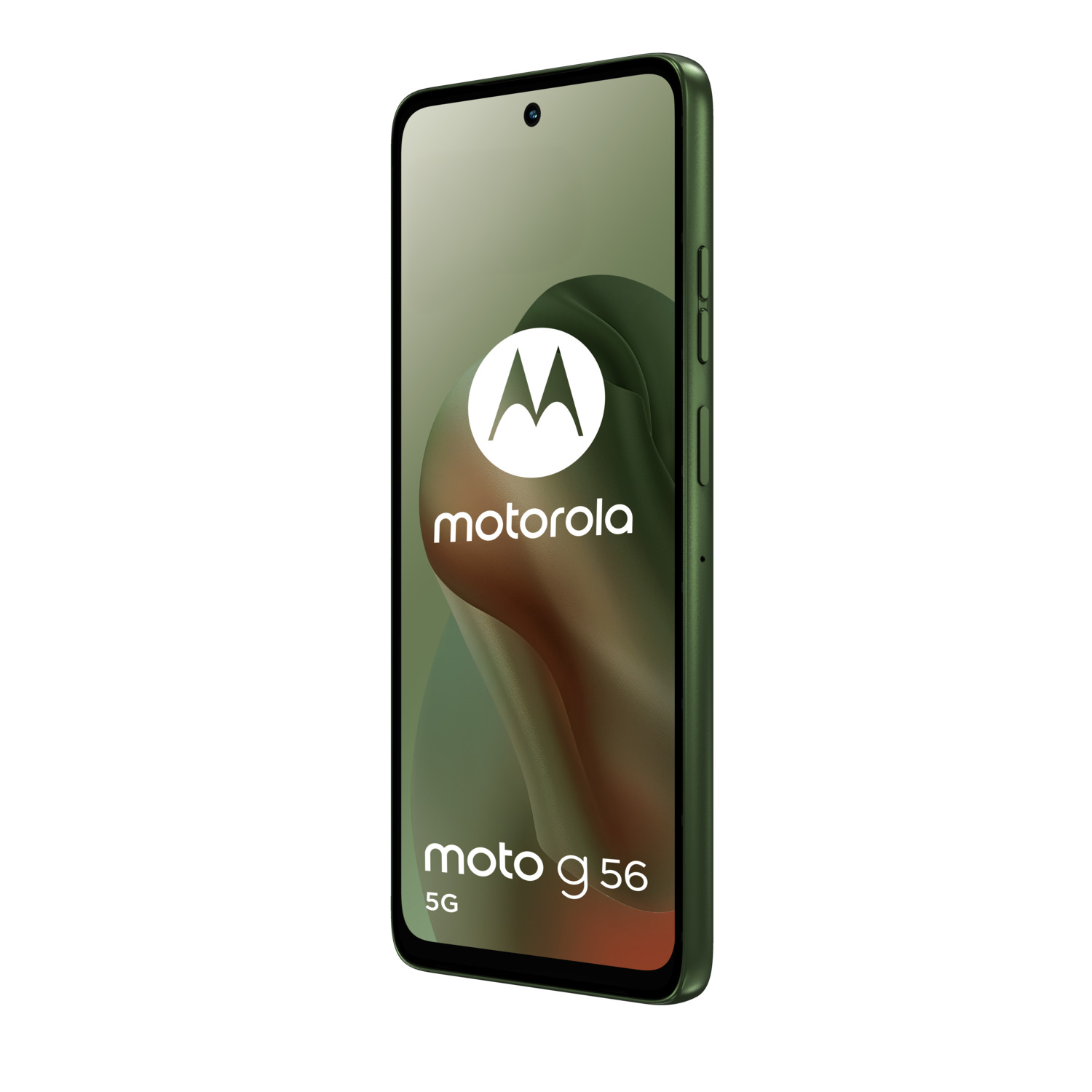 Groene Motorola moto g56 5G telefoon. Telefoon toont witte Motorola logo en moto g56 5G op het scherm.