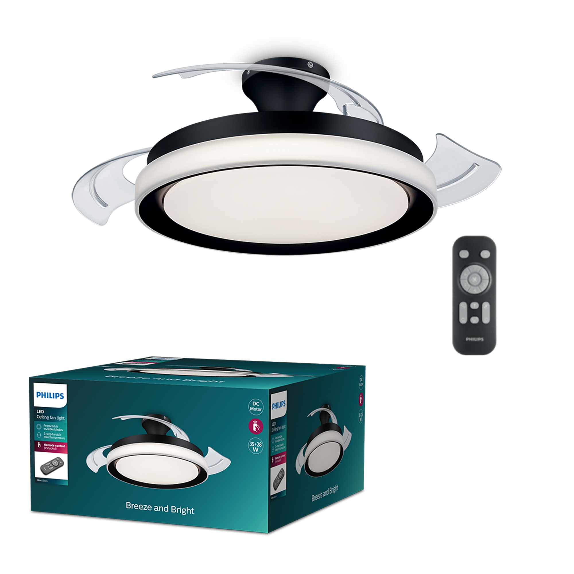 Ventilador de techo Philips, mando a distancia y caja. El ventilador de techo es blanco y negro con luces LED. La caja dice Breeze and Bright.