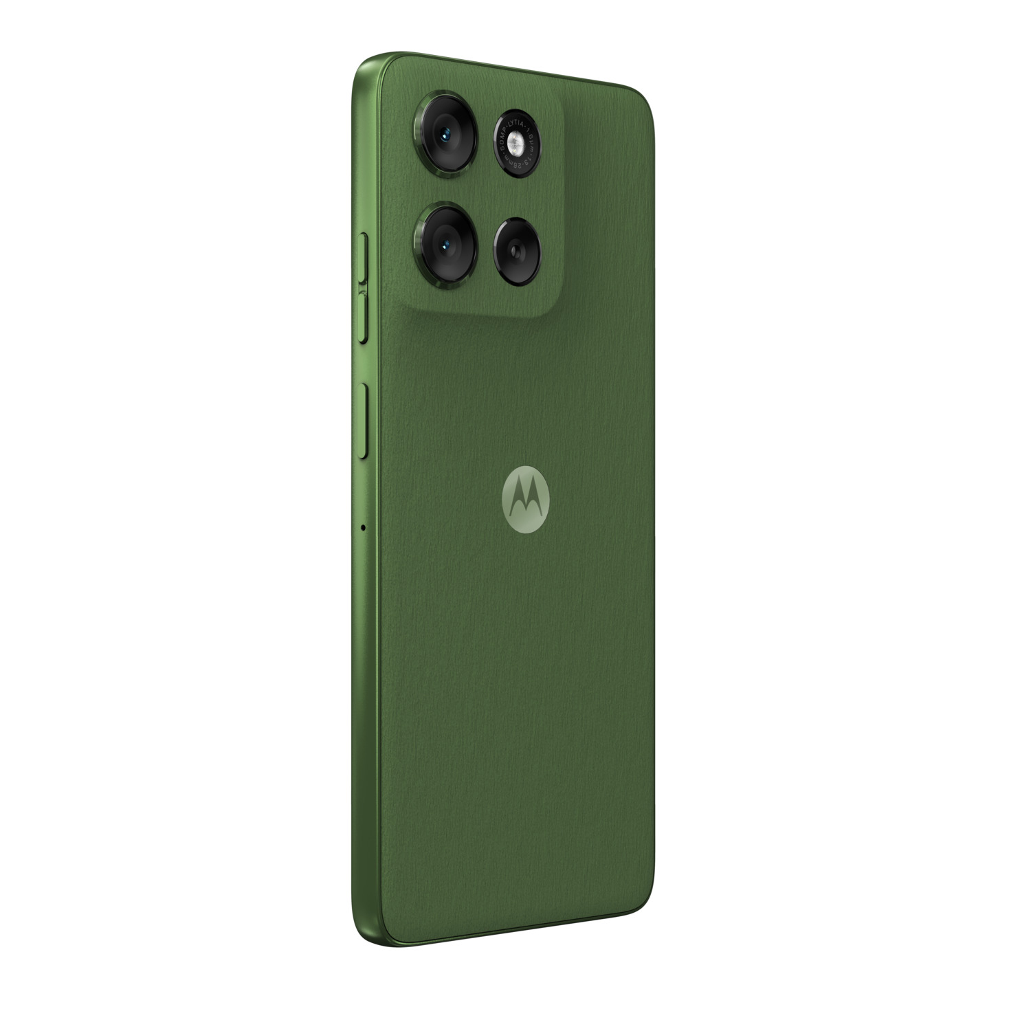 Groene Motorola moto g56 5G telefoon, achteraanzicht. Telefoon heeft 3 camera's en Motorola logo in het midden.