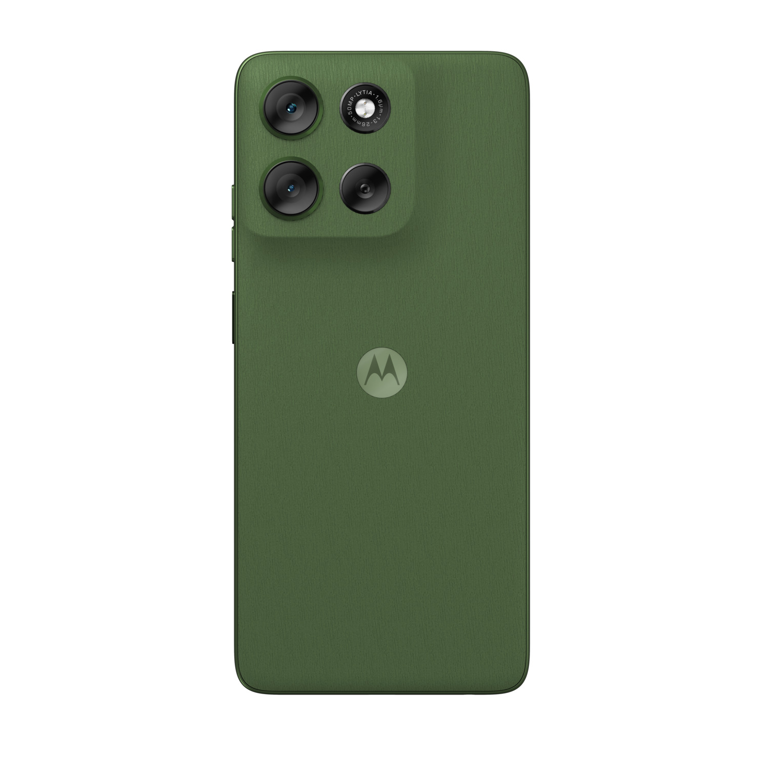 Groene Motorola moto g56 5G telefoon, achteraanzicht. Telefoon heeft 3 camera's en Motorola logo in het midden.