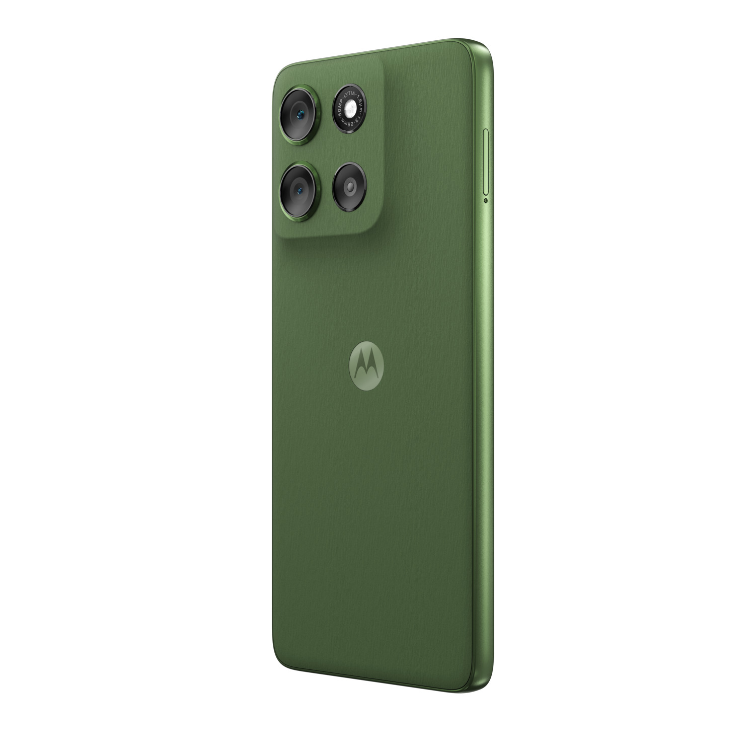 Groene Motorola moto g56 5G telefoon, achteraanzicht. Telefoon heeft 3 camera's en Motorola logo in het midden.