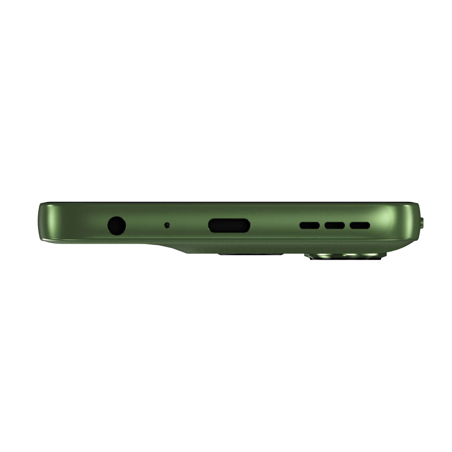 Groene Motorola moto g56 5G telefoon, bovenaanzicht. Toont de oplaadpoort, de microfoon en de luidsprekergaten.