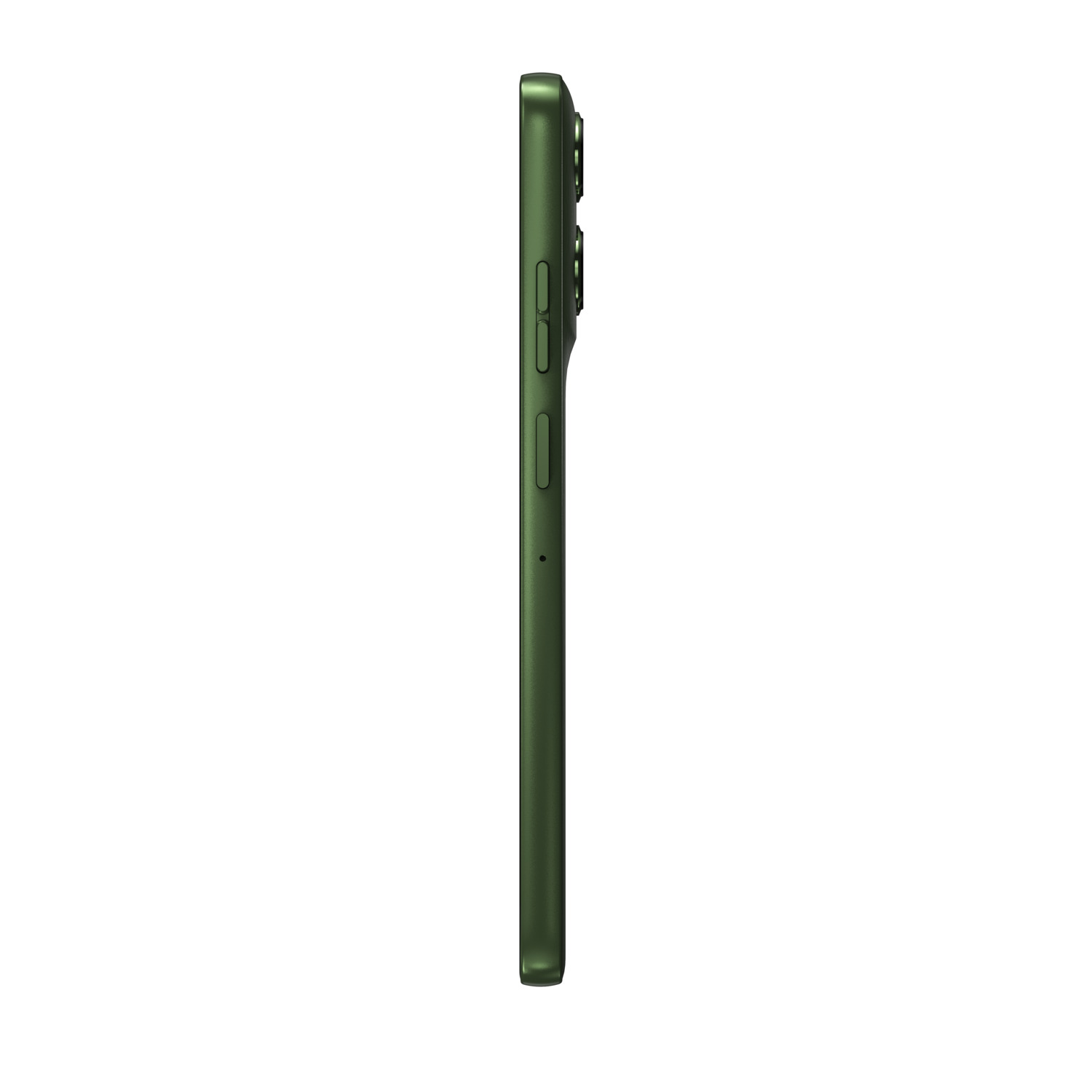 Groene Motorola moto g56 5G telefoon, zijaanzicht. Toont de zijkantknop en de volumeknoppen.