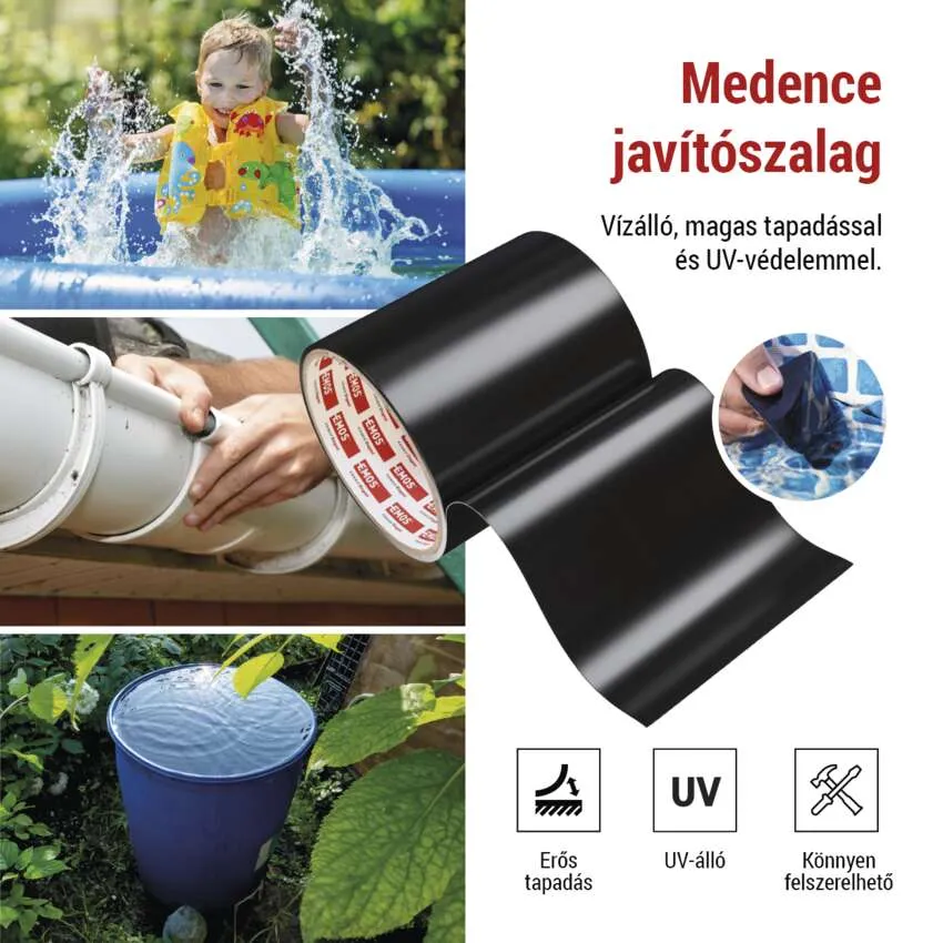 Egy sárga mellényes gyerek a medencében játszik. Egy fekete javítószalag tekercs és egy vödör víz látható. Magyar nyelvű szöveg.