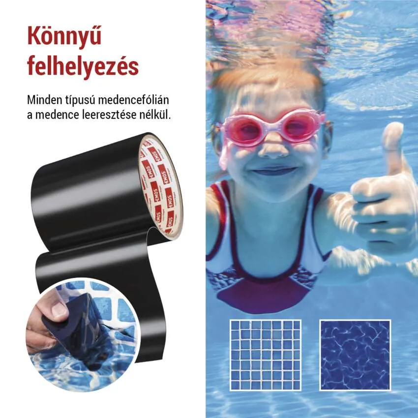 Fekete ragasztószalag tekercs és egy kislány a medencében, aki a hüvelykujját felmutatja. Szöveg: Könnyű felhelyezés minden medencefóliára, leengedés nélkül.