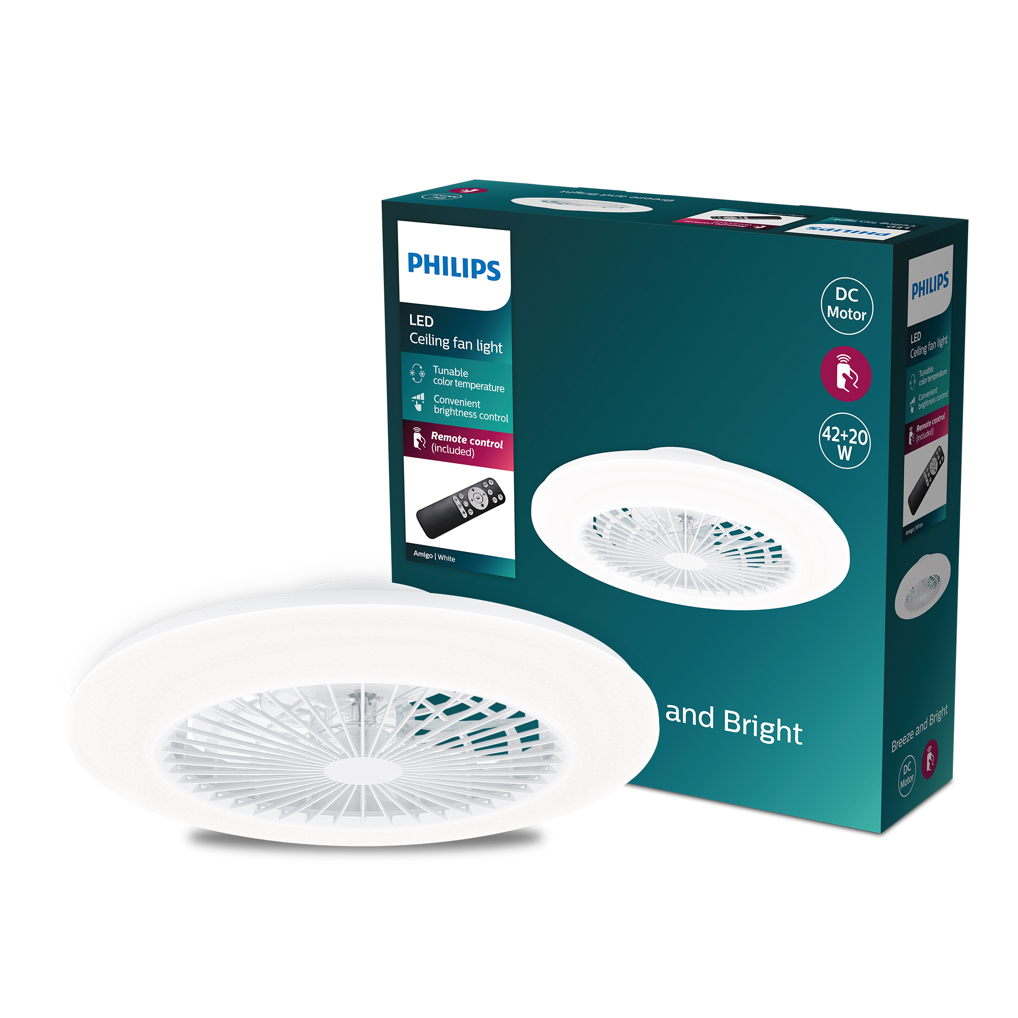 Ventilador de techo blanco con mando a distancia y fondo blanco.