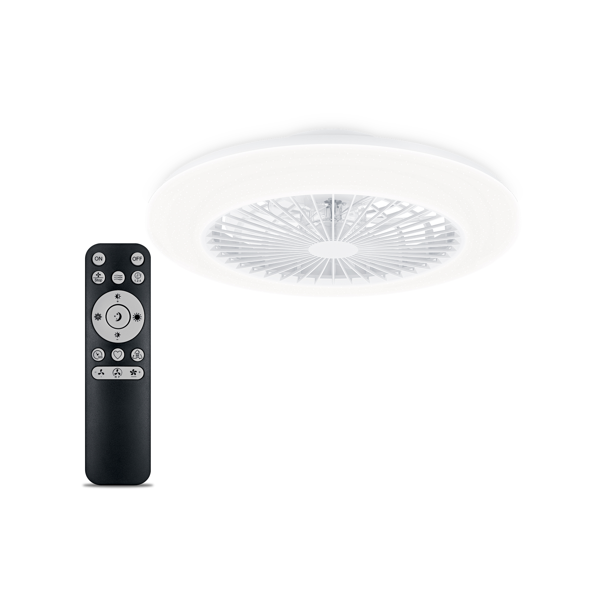 Ventilador de techo blanco con mando a distancia a la izquierda. Tiene botones para funciones.