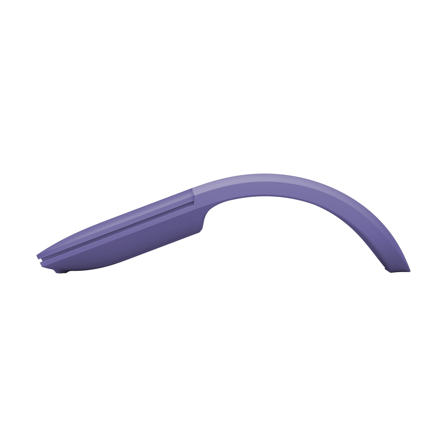 Un mouse Microsoft Arc viola, curvo, che mostra il profilo laterale.