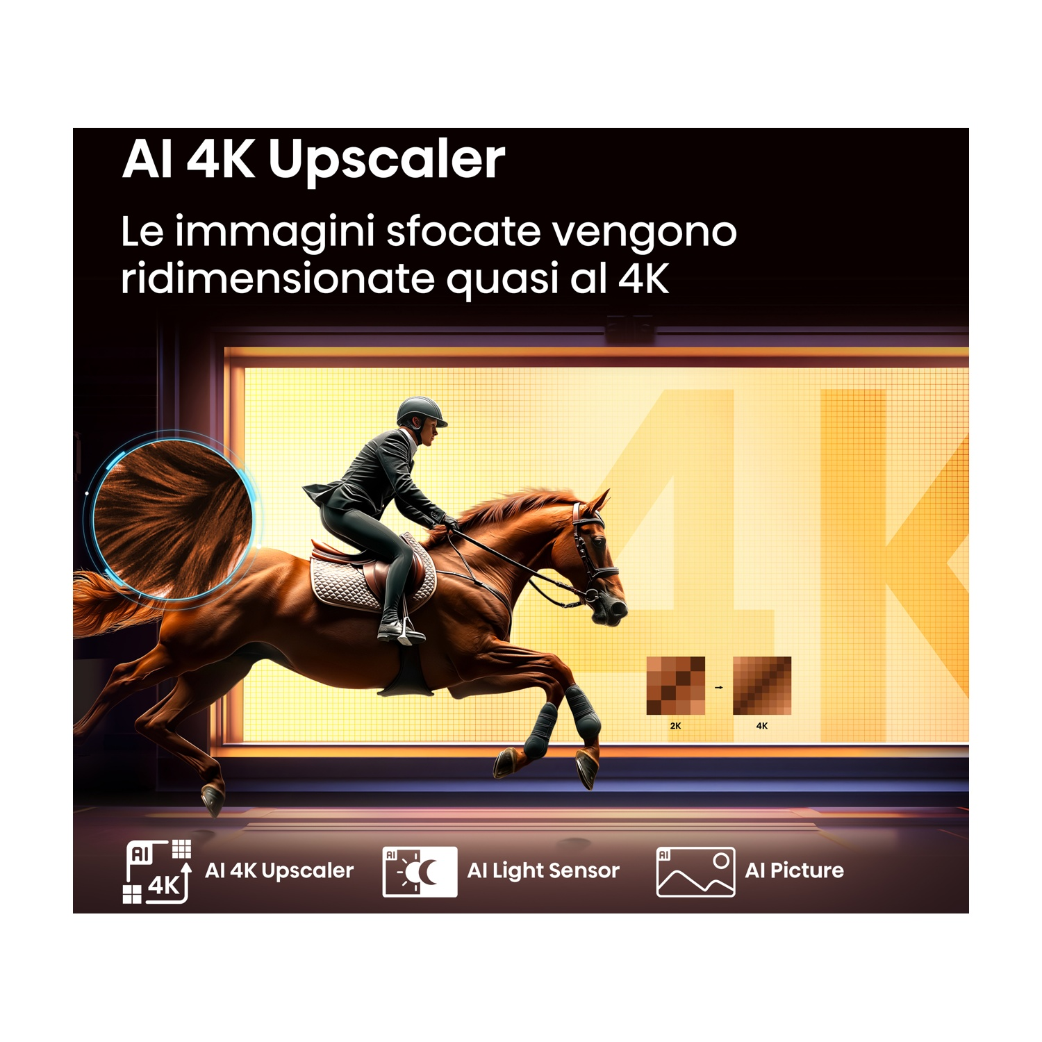 Un'immagine di un cavallo e un cavaliere, e testo in italiano: 'AI 4K Upscaler'.