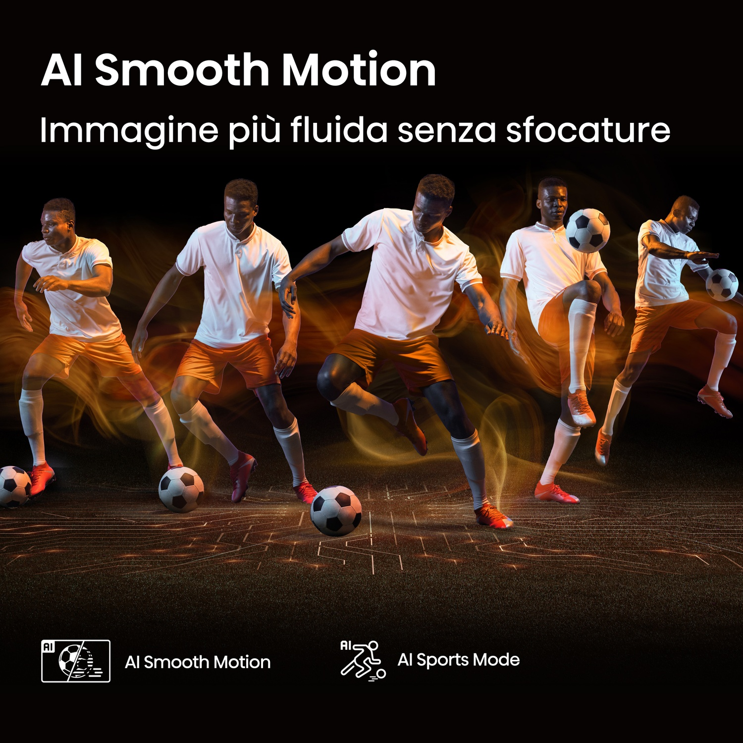 Immagine mostra cinque uomini che giocano a calcio. Testo: AI Smooth Motion. Immagine più fluida.