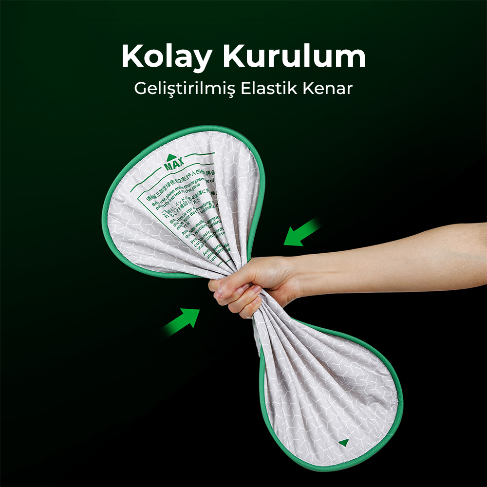 El beyaz bir çanta tutuyor, oklar merkeze işaret ediyor. Metin üstte.
